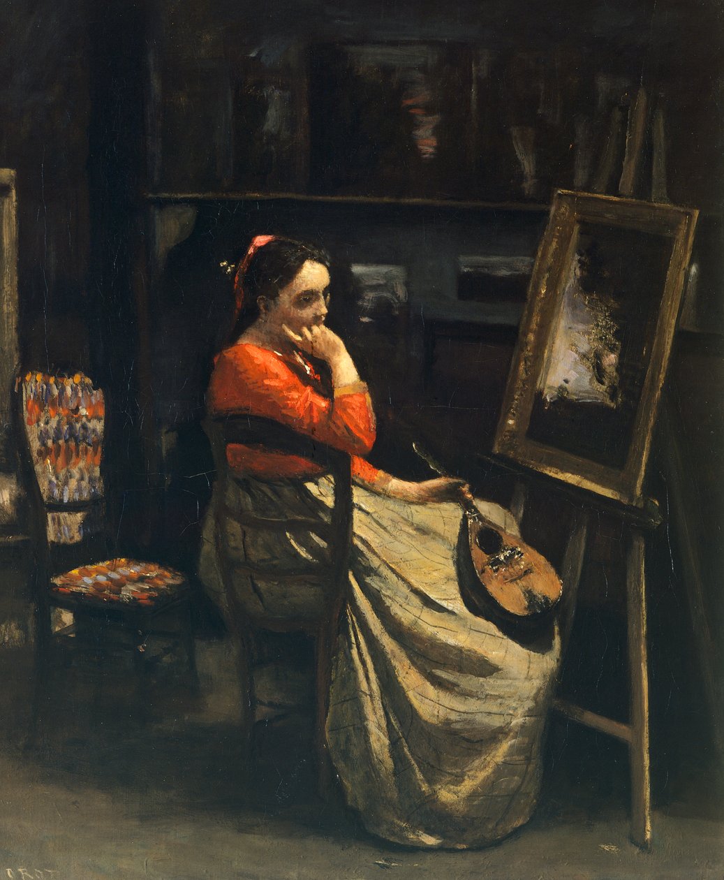 Jovem mulher com bandolim (Atelier la mandoline) de Jean-Baptiste Camille Corot (1796-1875) de Jean Baptiste Camille Corot