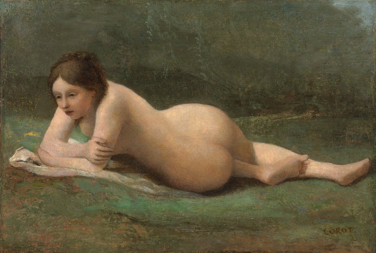 Jovem mulher reclinada na grama, c.1850-60 de Jean Baptiste Camille Corot