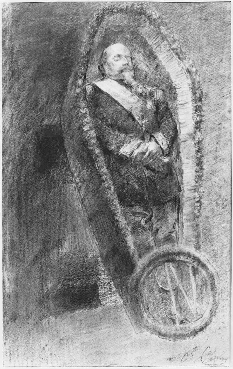 Imperador Napoleão III em seu caixão durante o serviço funerário, celebrado na igreja em Chislehurst, Inglaterra, em 13 de janeiro de 1873 (carvão e giz branco) de Jean Baptiste Carpeaux