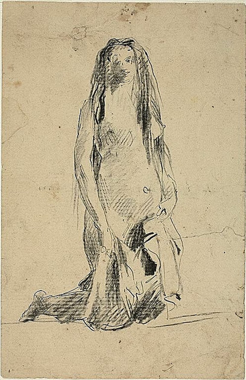 Mulher nua ajoelhada com cortinas de Jean Baptiste Carpeaux