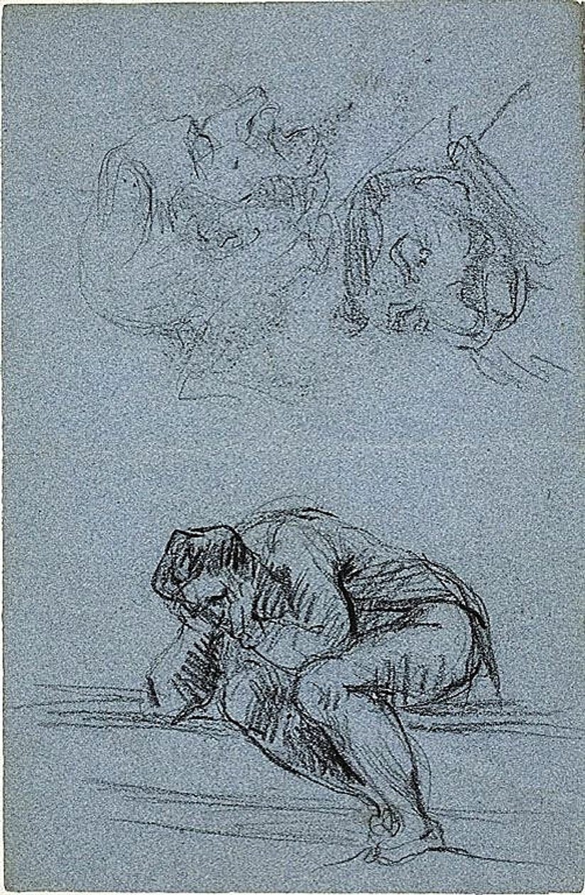 Figura sentada com a cabeça nas mãos e duas caricaturas (anverso); quatro figuras numa luneta (verso) de Jean Baptiste Carpeaux
