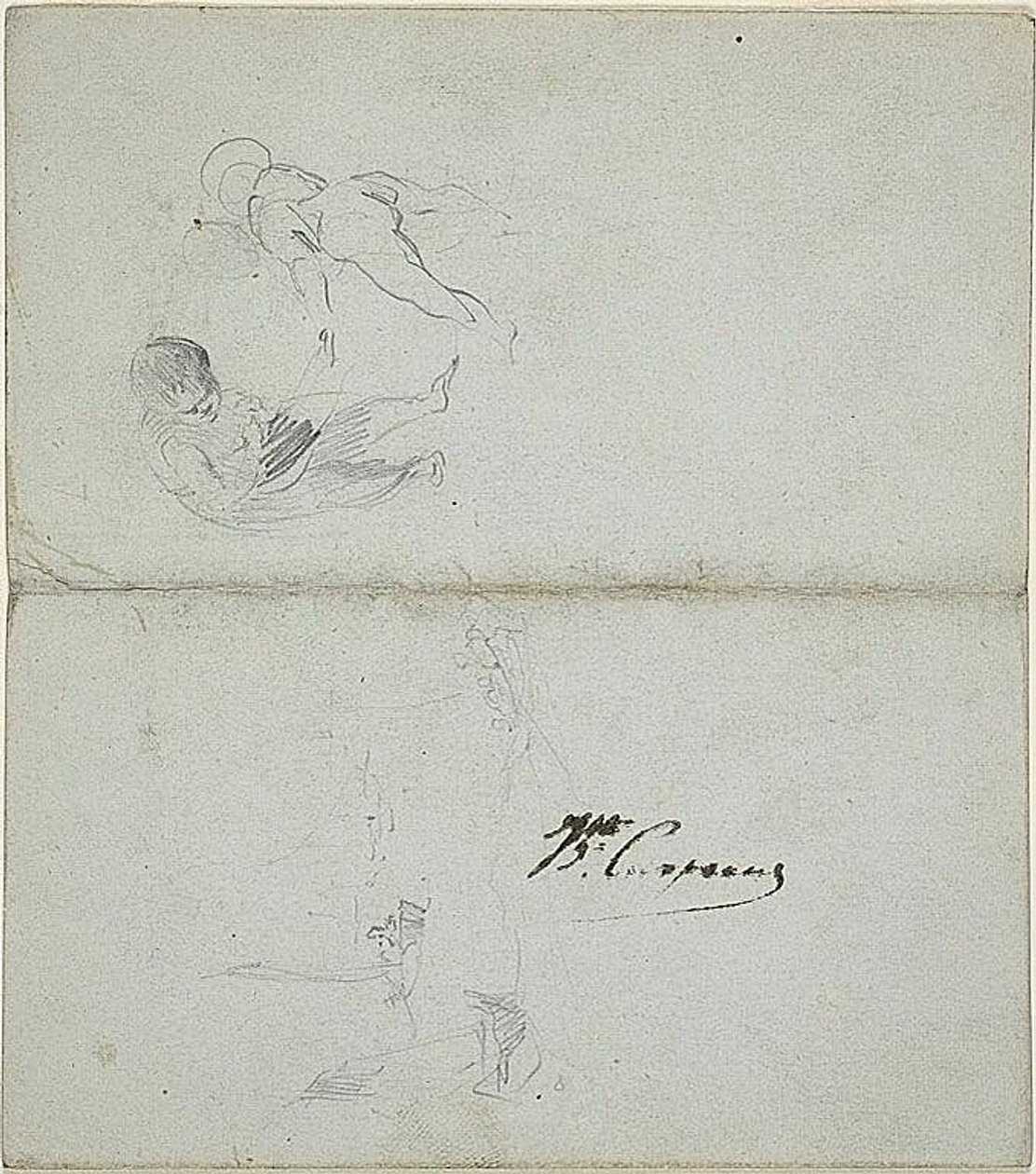 Esboços de duas crianças, barcos no mar (anverso); esboços de uma figura masculina a caminhar, segurando um bastão, e de uma cena costeira (verso) de Jean Baptiste Carpeaux