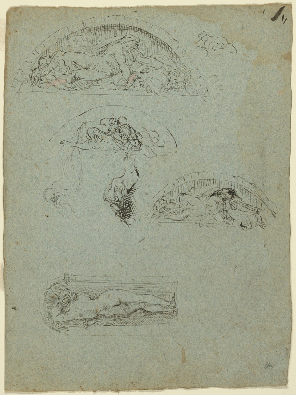 Figura em Pé em Nicho e Estudos para o Grupo Ugolino (reto); Prelado de túnica vermelha em uma multidão (verso) de Jean Baptiste Carpeaux