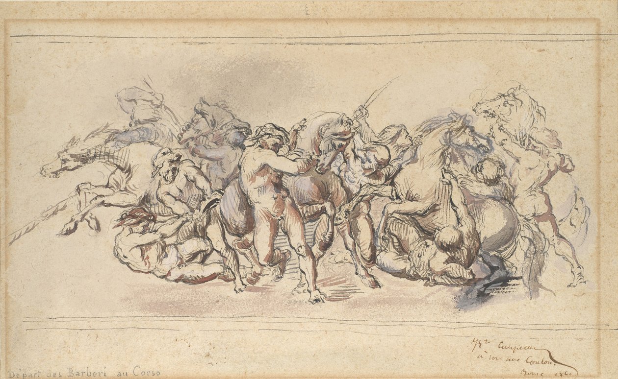 Início da Corrida dos Cavalos de Barberi, Roma, 1860. de Jean Baptiste Carpeaux