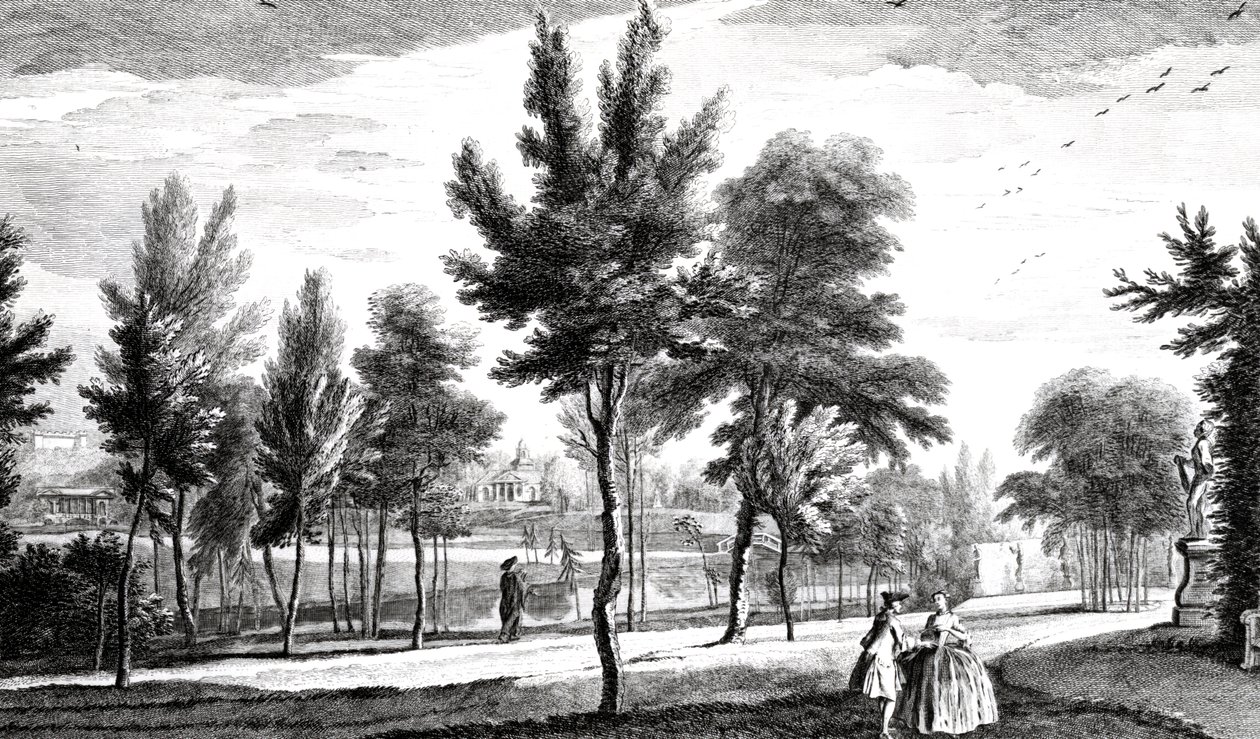 Uma visão dos campos Elysian da Primavera de Helicon, Stowe House Gardens, gravada por George Bickham, 1753 de Jean Baptiste Claude Chatelain
