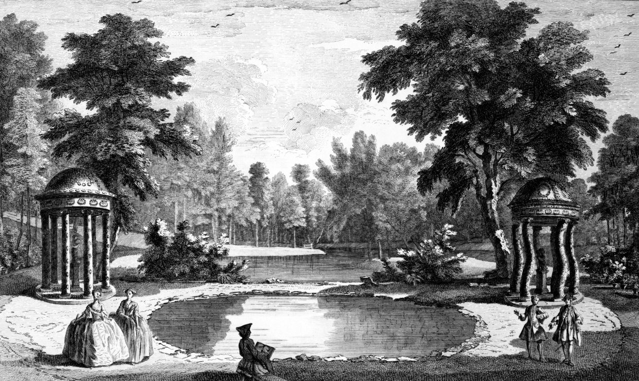 Uma vista da gruta e dois templos de concha, Stowe House Gardens, gravada por George Bickham, 1753 de Jean Baptiste Claude Chatelain