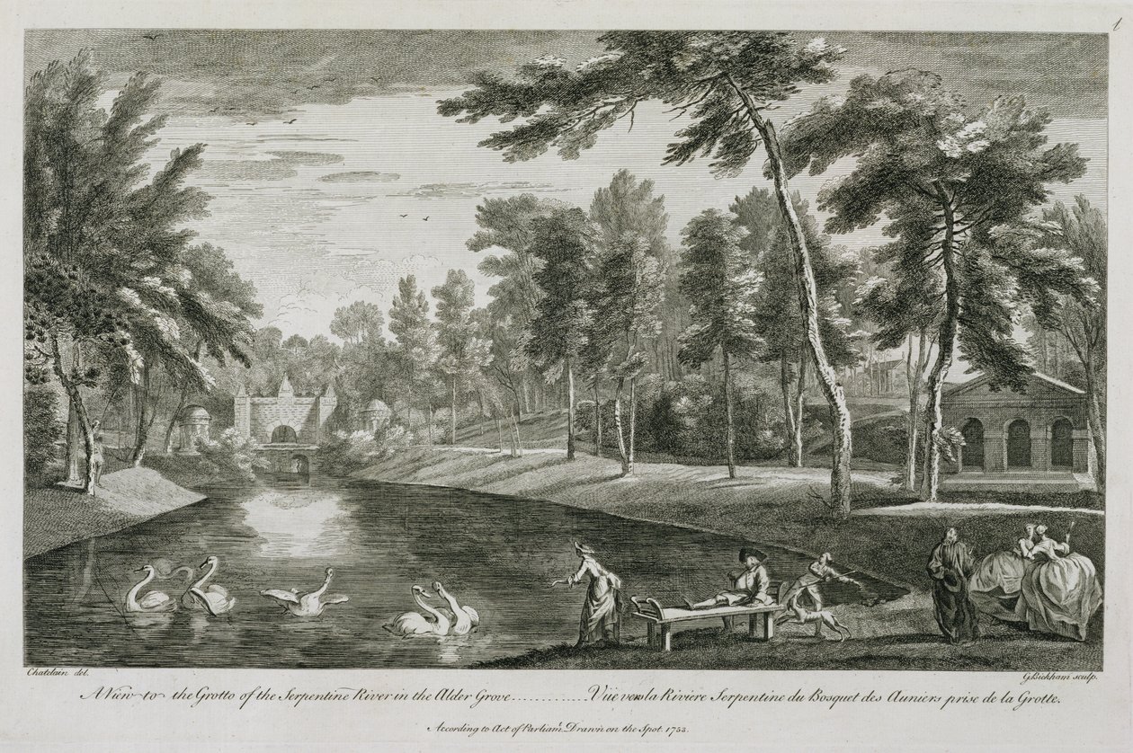 Vista da Gruta do Rio Serpentino no Alder Grove em Stowe, 1753, gravado por George Bickham de Jean Baptiste Claude Chatelain