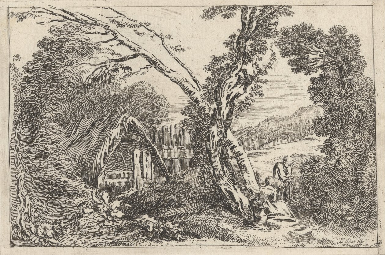 Homem e mulher cavando, prato de "Um novo livro de Landskips", 1637 de Jean Baptiste Claude Chatelain