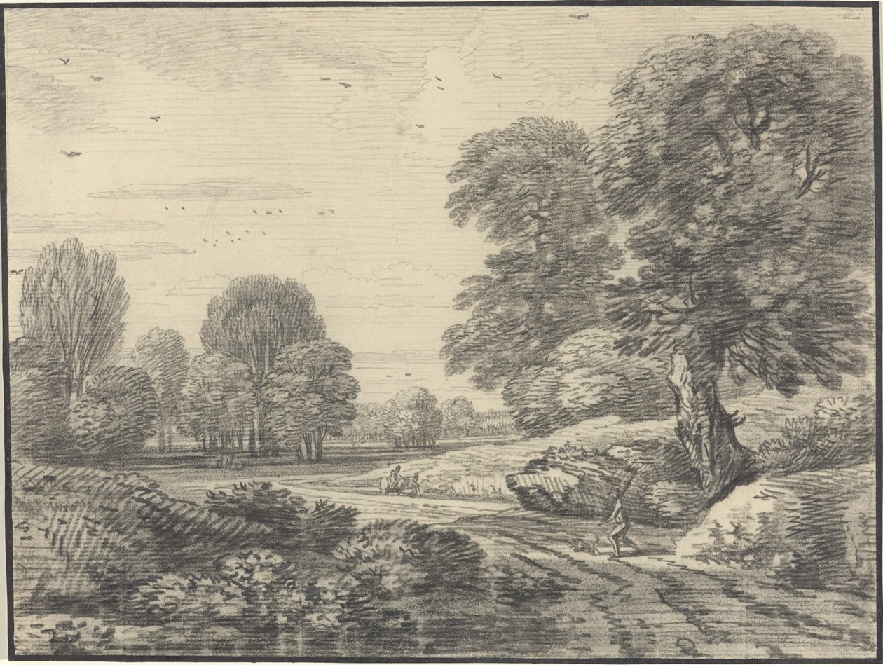 Viajantes em uma estrada em uma paisagem arborizada de Jean Baptiste Claude Chatelain