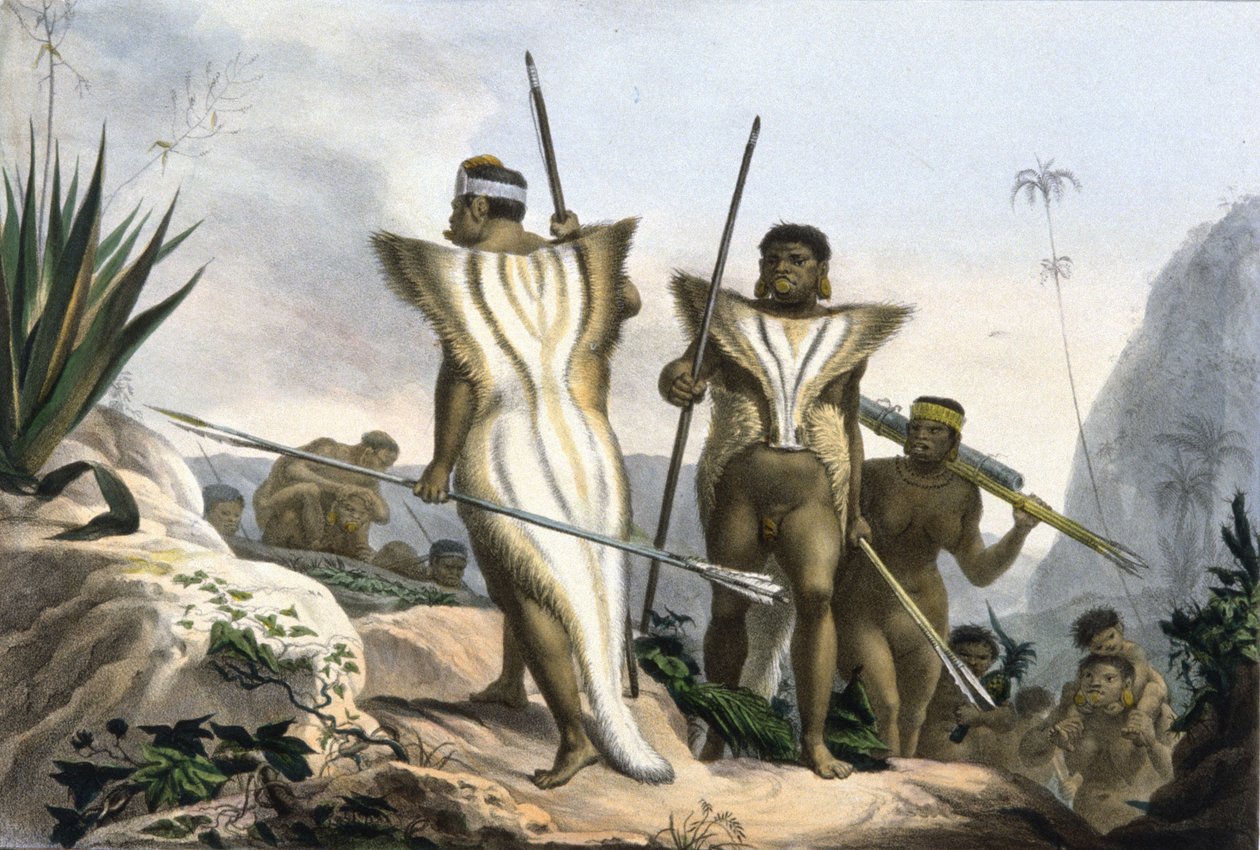 Índios brasileiros usando peles de animais de Jean Baptiste Debret