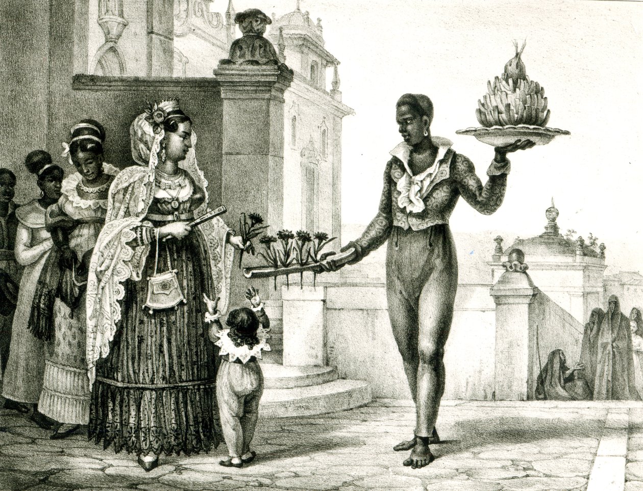Vendedor de flores do lado de fora de uma porta da igreja, de &39;Quaint and Historical Travel in Brazil&39;, de Jean Baptiste Debret