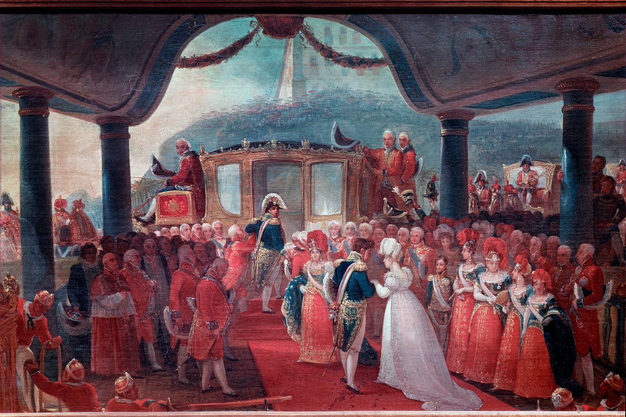 A chegada de Maria Leopoldina de Habsburgo-Lorena (Habsburgo Lorena) ou da Áustria (1797-1826) ao Rio de Janeiro em 1817, para casar com o Imperador Pedro I do Brasil As duas alianças são representadas pelo Rei João VI de Portugal (João VI conhecido como o de Jean Baptiste Debret