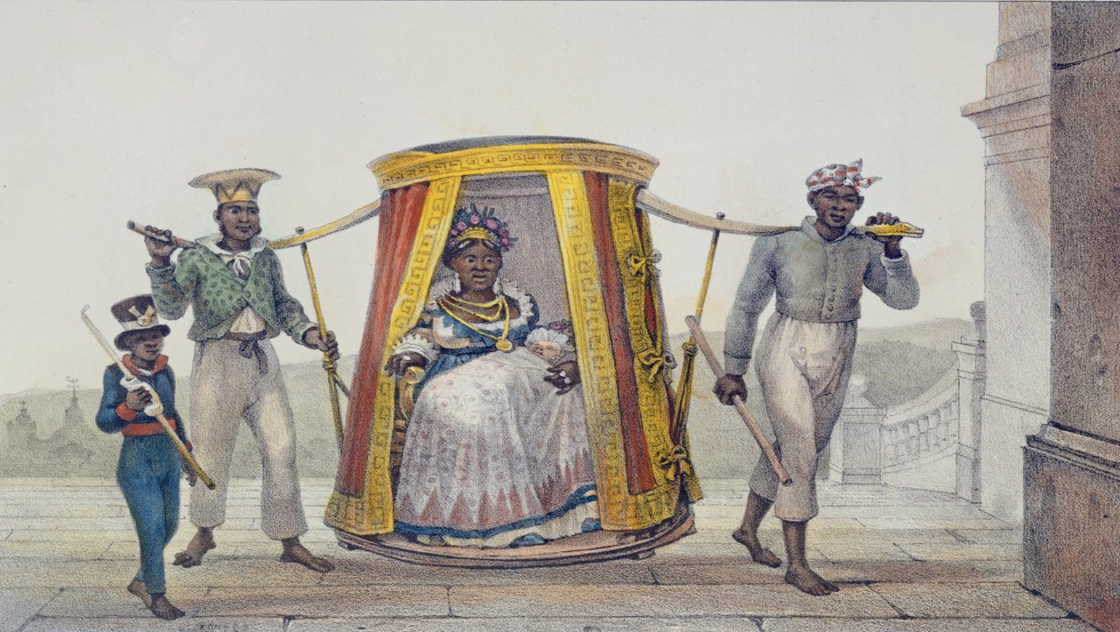 Transportando uma criança branca para ser batizada em uma igreja, da "Viagem Pittoresque e histórico au Bresil", gravada por Thierry Freres, 1839 de Jean Baptiste Debret