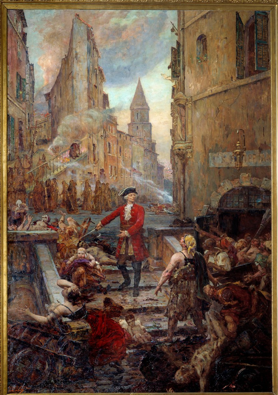 O Chevalier Roze no Montee des Aroules em Marselha Nicola Roze (1675-1733) liberta o bairro de Armoules em Marselha dos cadáveres dos pestilentos durante a grande praga de 1720. Pintura de Jean-Baptiste Duffaud (1852-1927) de Jean Baptiste Duffaud