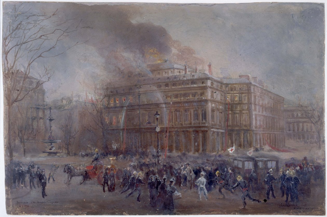O incêndio na Comédie-Française, 8 de março de 1900, cerca de 1900 (óleo sobre cartão) de Jean Baptiste Edmond Allouard