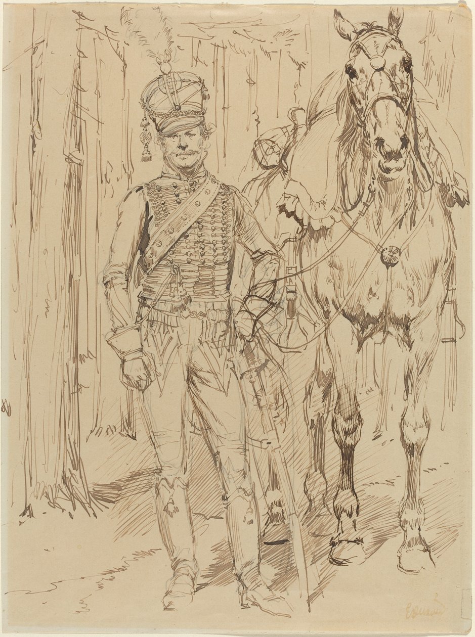 Um hussardo francês conduzindo um cavalo de Jean Baptiste Edouard Detaille