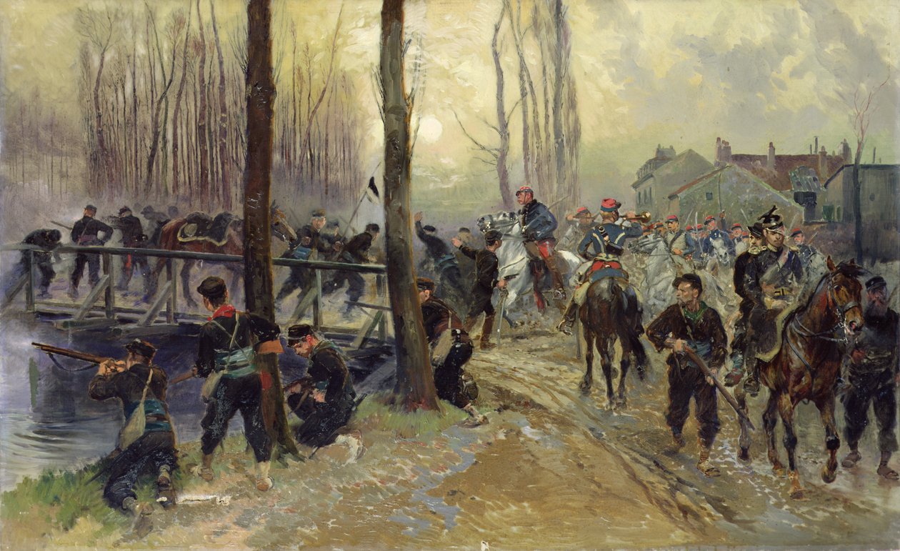 Emboscada perto de uma ponte defendida por tropas, de manhã cedo, 1870 de Jean Baptiste Edouard Detaille