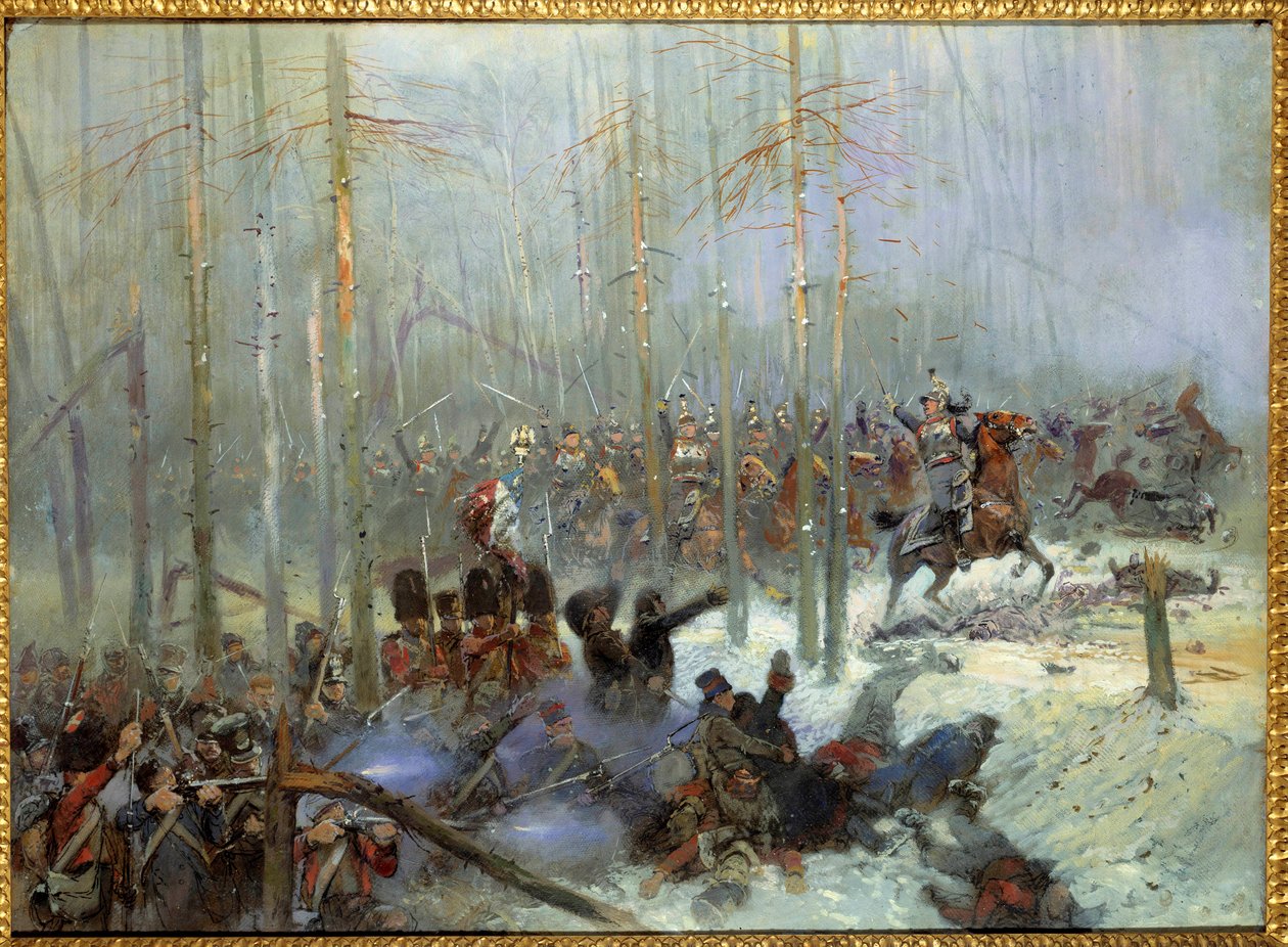Campanha da Rússia em 1812: "Encargo do 7º navio de guerra do Coronel Dubois na Berezina (Beresina) em 28/11/1812 na Rússia" Pintura de Jean-Baptiste-Edouard (Jean Baptiste Edouard) Detalhe (1848-1912) do século XIX. Paris, Musee de l