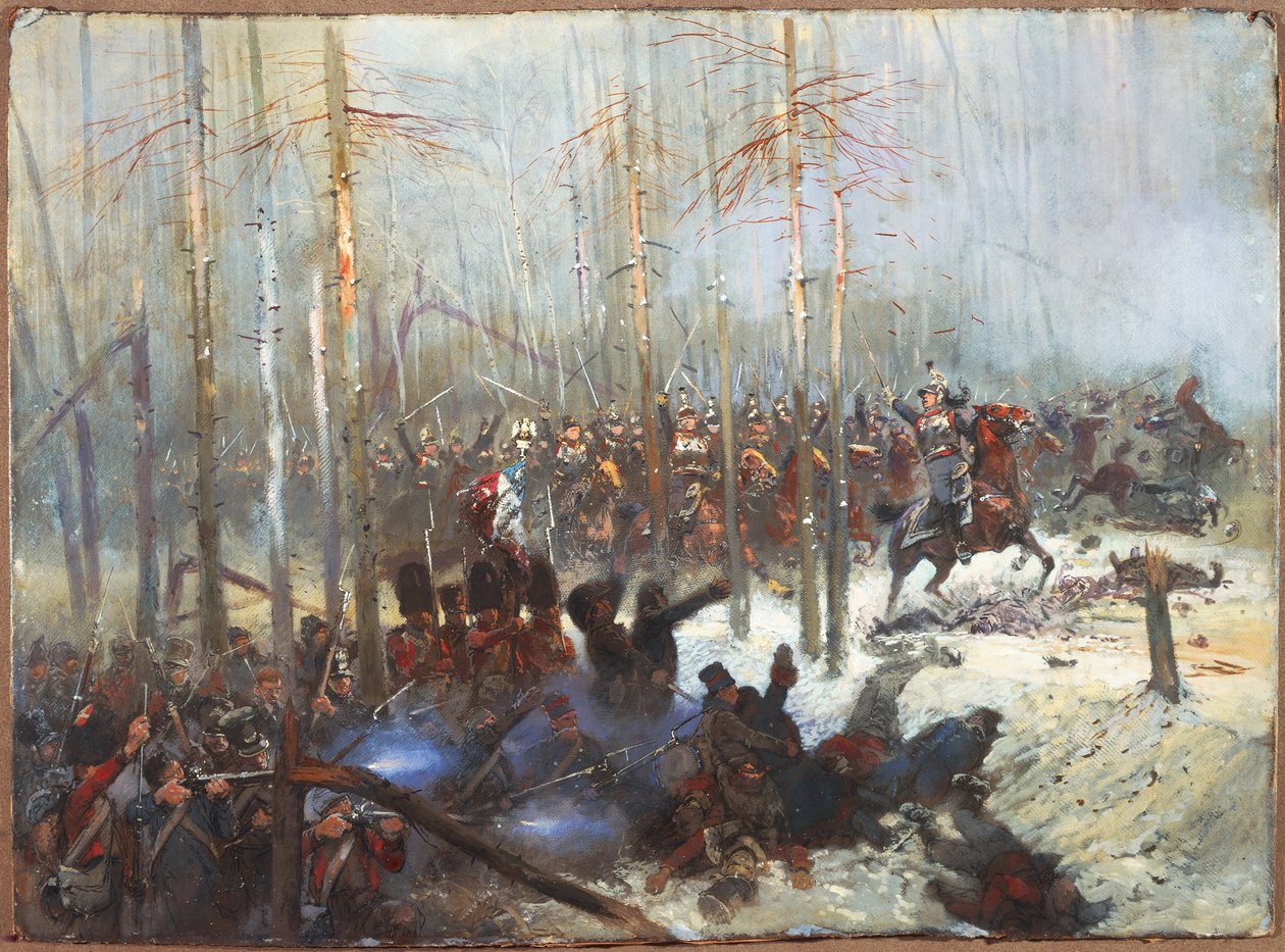 Encargo de cuirassiers na Rússia por Jean Baptiste Edouard Detaille (1848-1912). Guerras Napoleônicas, Rússia de Jean Baptiste Edouard Detaille