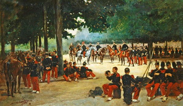 Regimento de infantaria relaxando no Bois de Boulogne durante uma revisão, c.1885 de Jean Baptiste Edouard Detaille