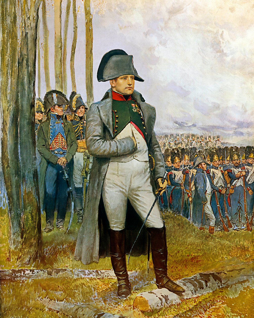 Napoleão I e seu bastão olhando para as romãs da Guarda Imperiale - Pintando uma aquarela e uma guache em papelão por Edouard Detaille (1848-1912) 1911 Sun. 0,73x0,54 m - Paris, Musee de l