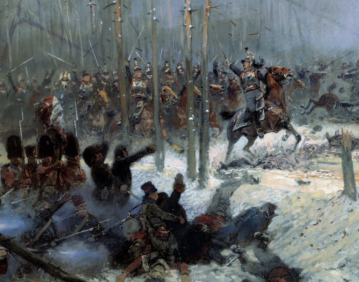 Campanha russa em 1812: "Carga do 7º navio de guerra do Coronel Dubois em la Berezina (Beresina) em 28/11/1812 na Rússia" Detalhe. Pintura de Jean-Baptiste-Edouard (Jean Baptiste Edouard) Detalhe (1848-1912) Século XIX. Paris, Musee de l