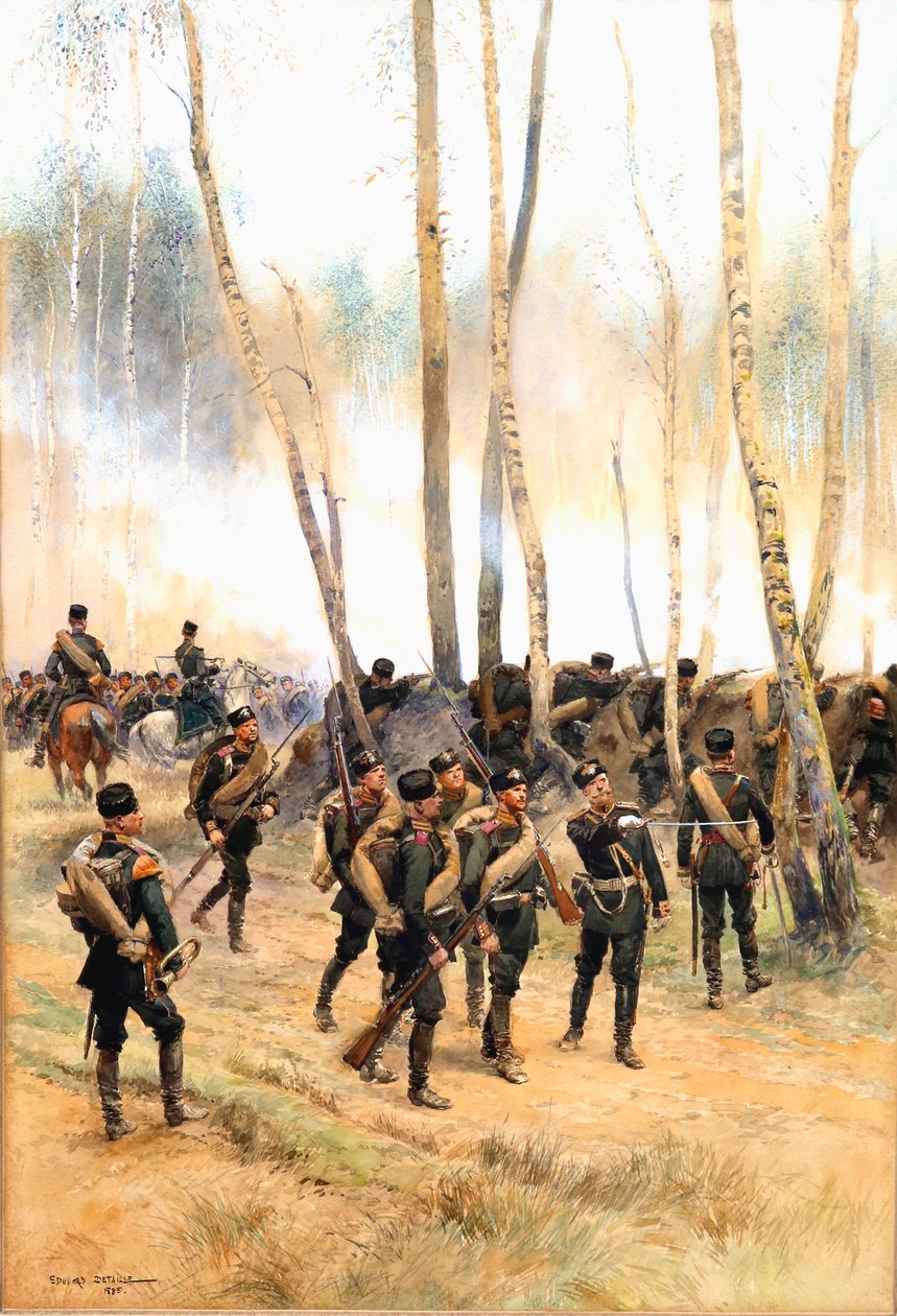 Soldado na frente, 1885 (wc, tinta preta e bodycolour no papel) de Jean Baptiste Edouard Detaille