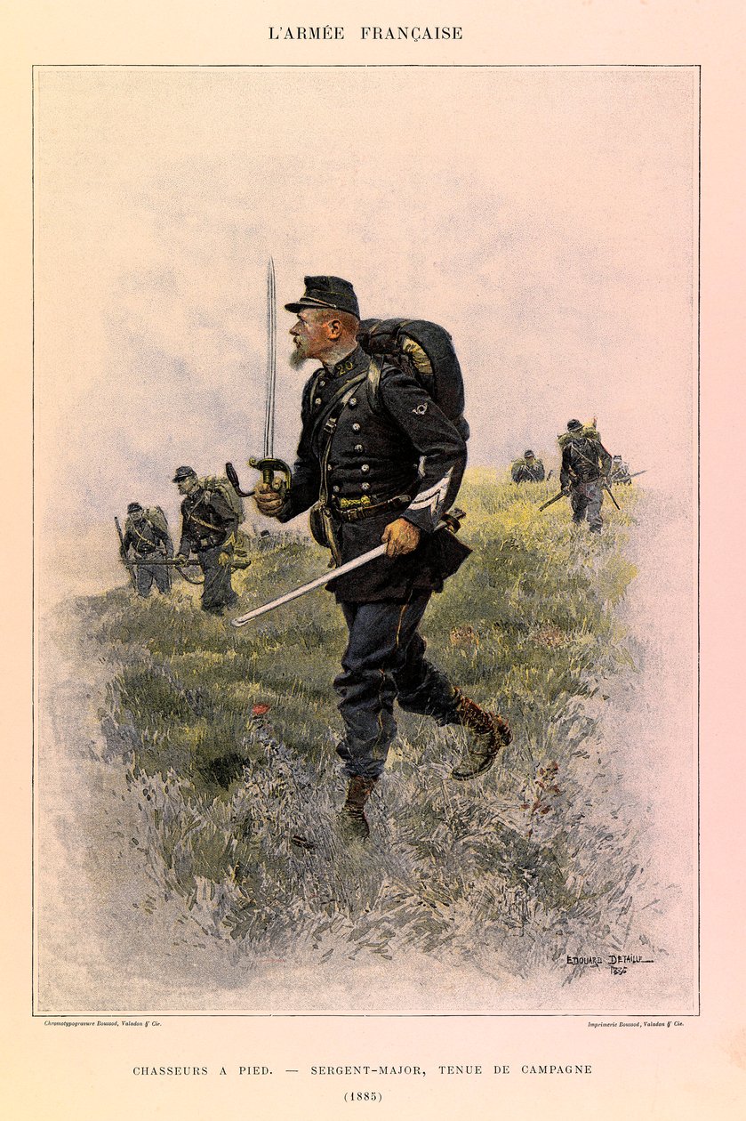 Tipos e Uniformes da Arma Francesa do Capitão Jules Richard, ilustrado por Edouard Detaille (1848-1912): Caçadores de pés: Sargento-Mor em Vestido de Campo em 1885, Colecção Privada de Jean Baptiste Edouard Detaille