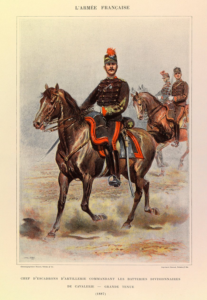 Tipos e Uniformes da Arma Francesa do Capitão Jules Richard, Ilustrado por Edouard Detaille (1848-1912): Chefe do Esquadrão de Artilharia Comandando da Divisão de Baterias de Cavalaria em Grandes Vestidos em 1887, Coleção Privada de Jean Baptiste Edouard Detaille