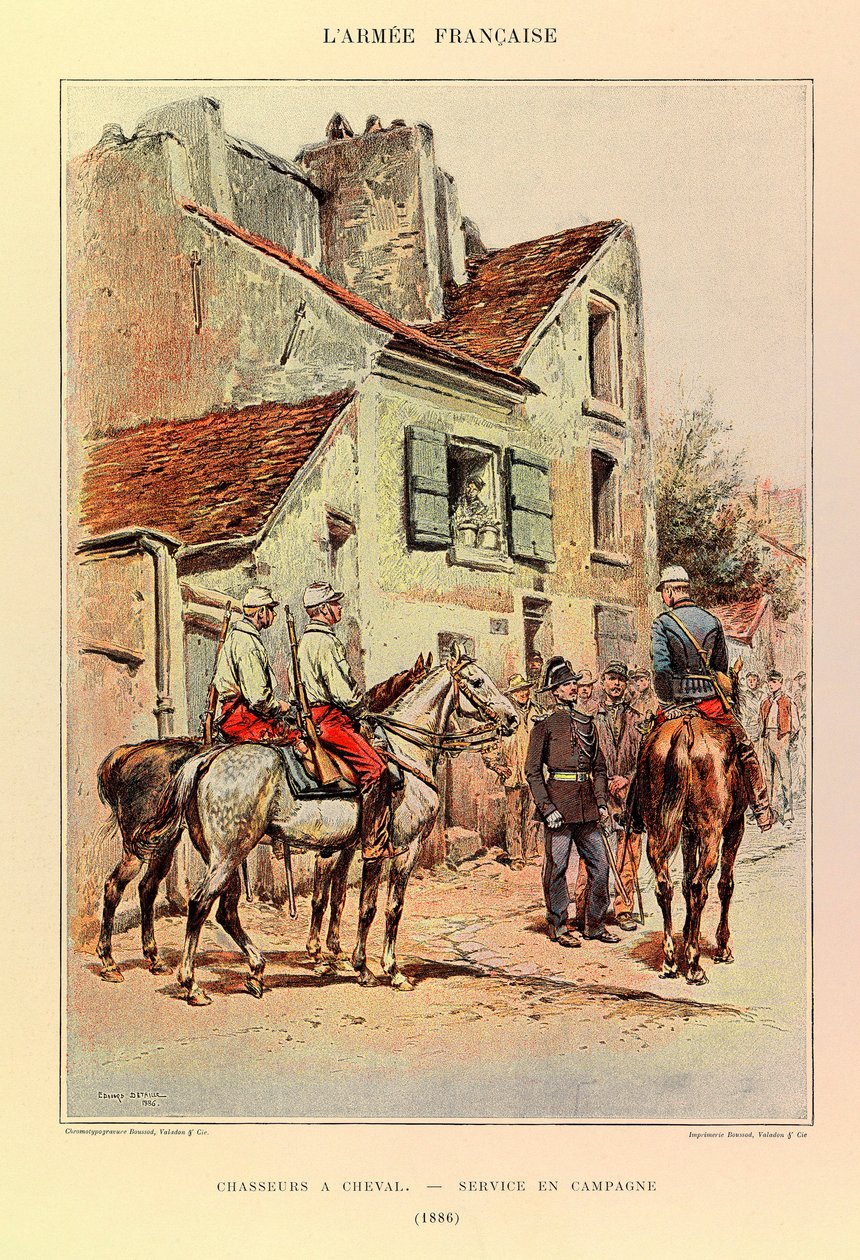 Tipos e Uniformes da Armadura Francesa do Capitão Jules Richard, ilustrado por Edouard Detaille (1848-1912): Hunters a Horseback; Serviço de Campo em 1886, Colecção Privada de Jean Baptiste Edouard Detaille