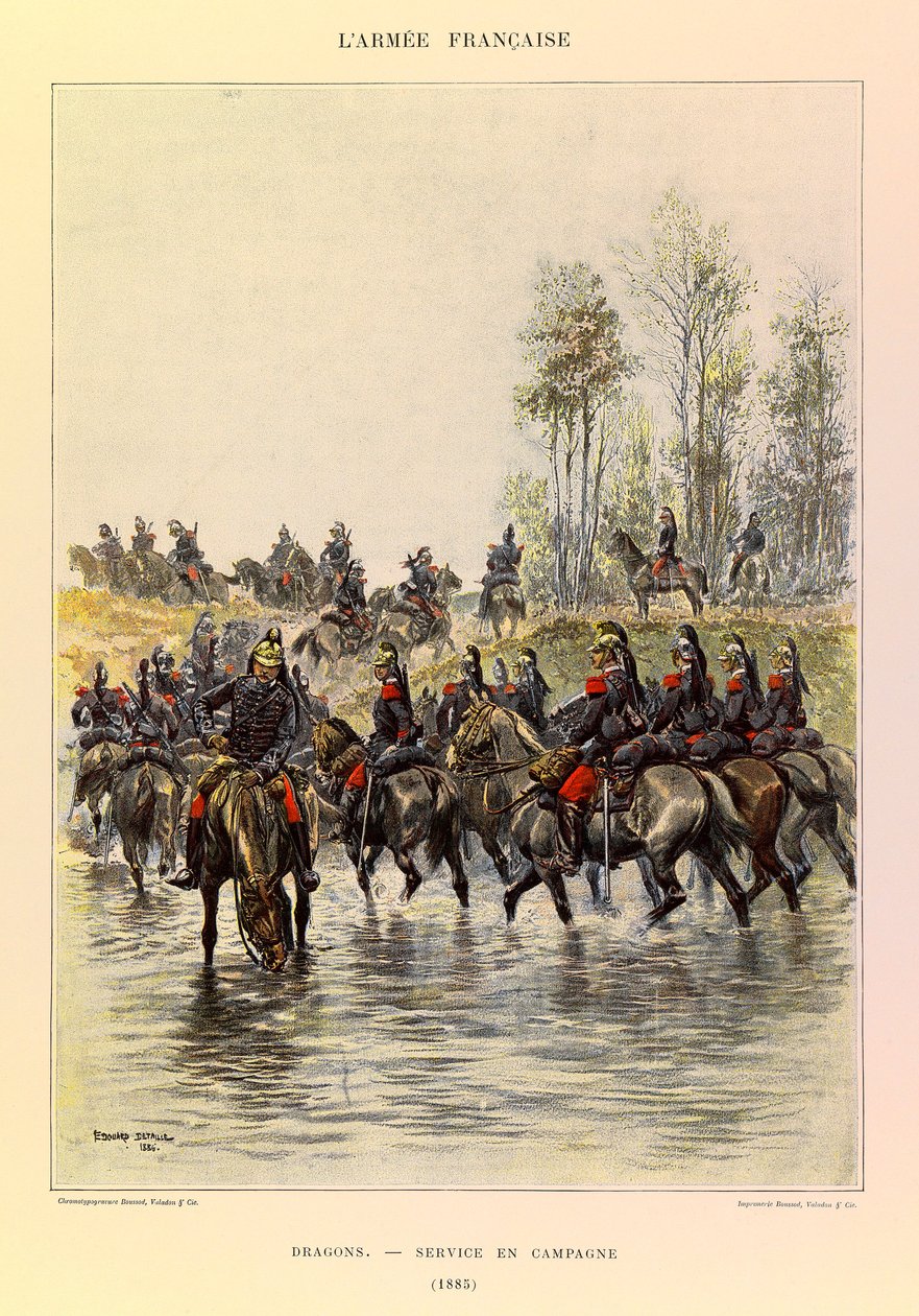 Tipos e Uniformes da Arma Francesa do Capitão Jules Richard, ilustrado por Edouard Detaille (1848-1912): Dragões; Serviço de Campo em 1885, Coleção Privada de Jean Baptiste Edouard Detaille