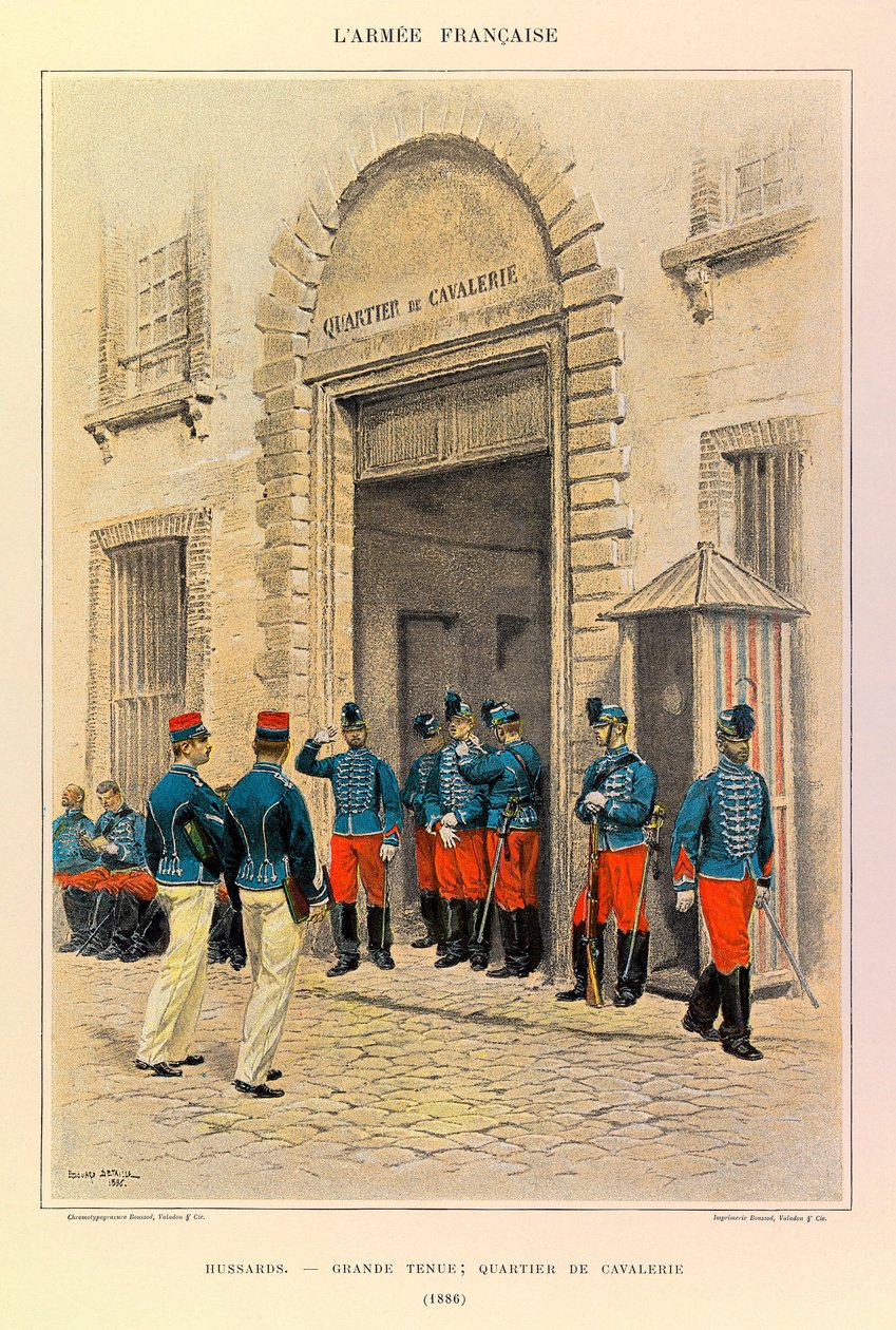 Tipos e Uniformes da Armadura Francesa do Capitão Jules Richard, ilustrado por Edouard Detaille (1848-1912): Hussards in Great Dress; Cavalry District em 1886, Coleção Particular de Jean Baptiste Edouard Detaille