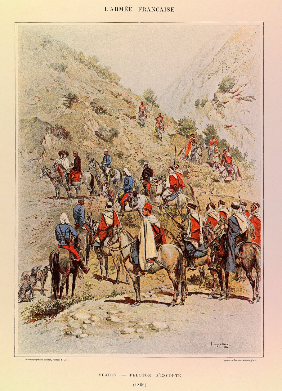 Tipos e Uniformes da Arma Francesa do Capitão Jules Richard, ilustrado por Edouard Detaille (1848-1912): Spahis; Pelotão de Escolta em 1886, Coleção Particular de Jean Baptiste Edouard Detaille