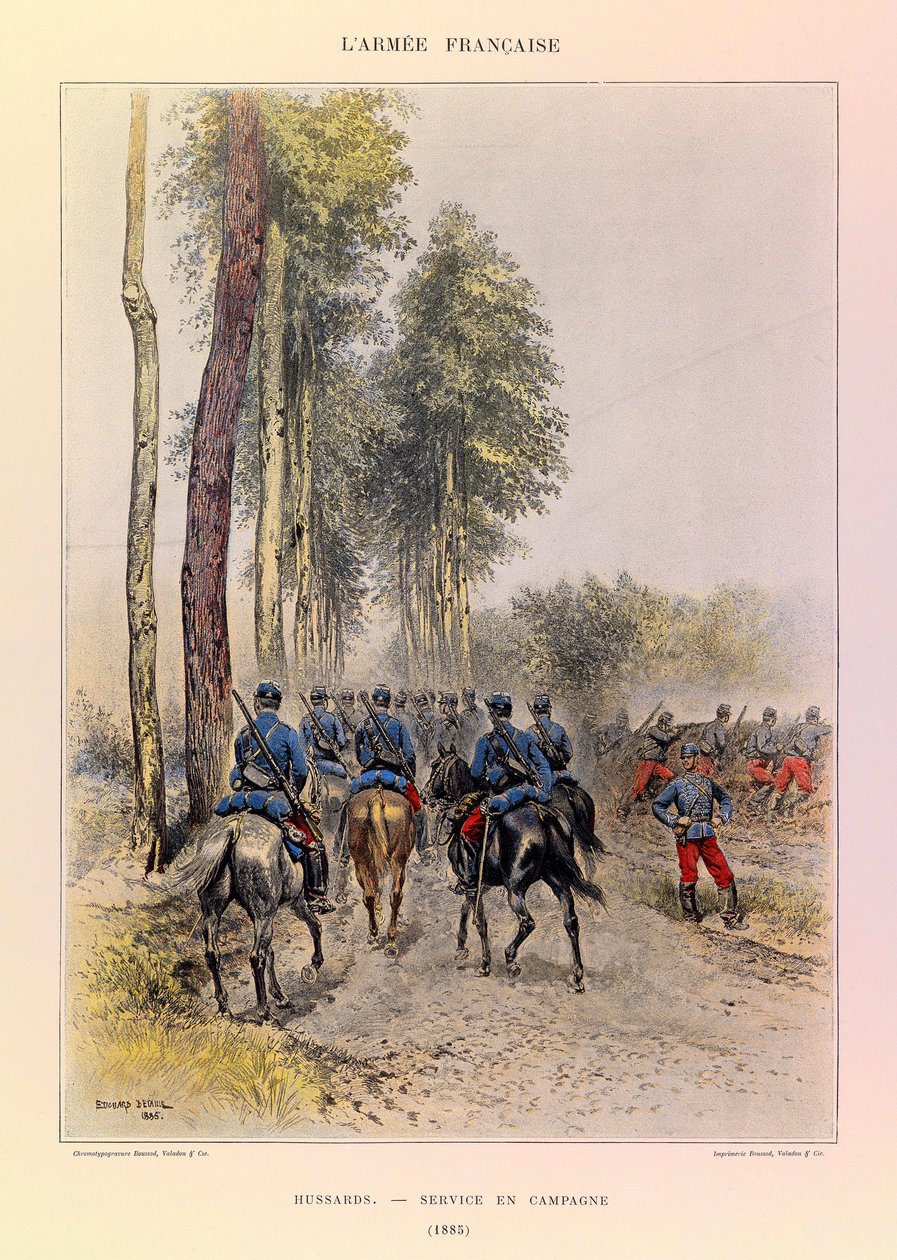 Tipos e Uniformes da Armadura Francesa do Capitão Jules Richard, ilustrado por Edouard Detaille (1848-1912): Hussardos; Serviço de Campo 1885, Colecção Privada de Jean Baptiste Edouard Detaille