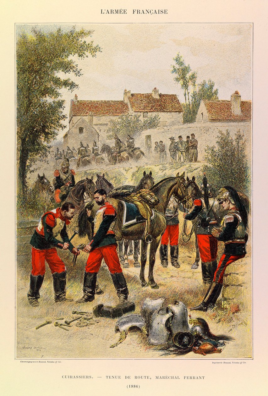 Tipos e Uniformes da Arma Francesa do Capitão Jules Richard, ilustrado por Edouard Detaille (1848-1912): Cuirassiers; Manuseio de estradas; Marechal Ferrant em 1886, Coleção Particular de Jean Baptiste Edouard Detaille