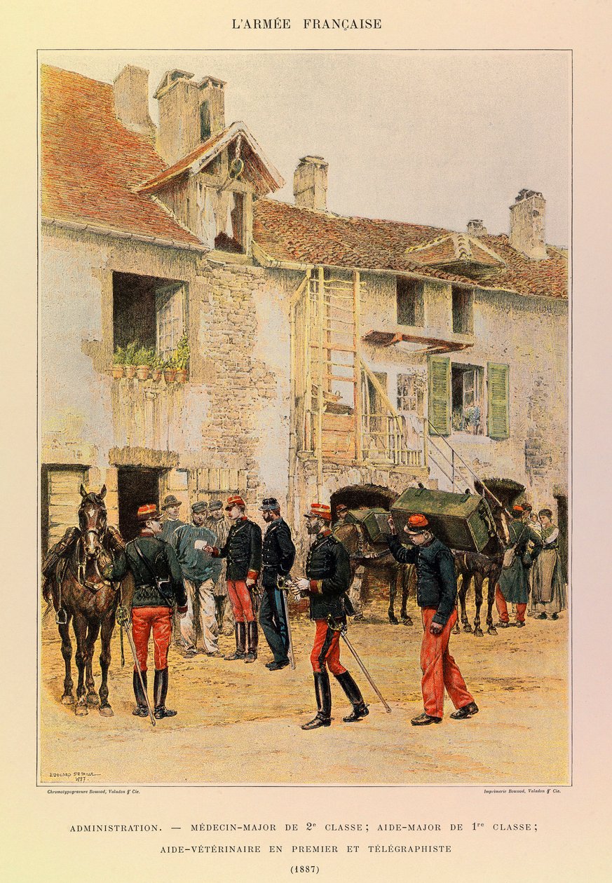 Tipos e Uniformes da Arma Francesa do Capitão Jules Richard, ilustrado por Edouard Detaille (1848-1912): Administração: Medicin Major de 2ª Classe; Ajudante Major de 1ª Classe; Ajudante Veterinário Primeiro e Telégrafo em 1887, Coleção Privada de Jean Baptiste Edouard Detaille