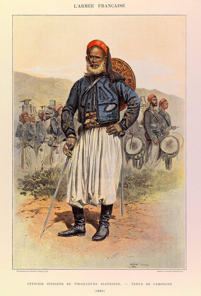 Tipos e Uniformes da Arma Francesa do Capitão Jules Richard, ilustrado por Edouard Detaille (1848-1912): Oficial nativo de tuneis argelinos em trajes de campo em 1886, Coleção Privada de Jean Baptiste Edouard Detaille