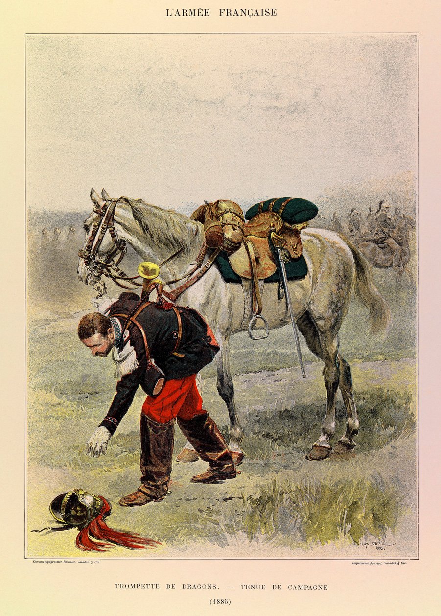 Tipos e Uniformes da Arma Francesa do Capitão Jules Richard, ilustrado por Edouard Detaille (1848-1912): Trompete de Dragões em Vestido de Campo em 1885, Coleção Privada de Jean Baptiste Edouard Detaille