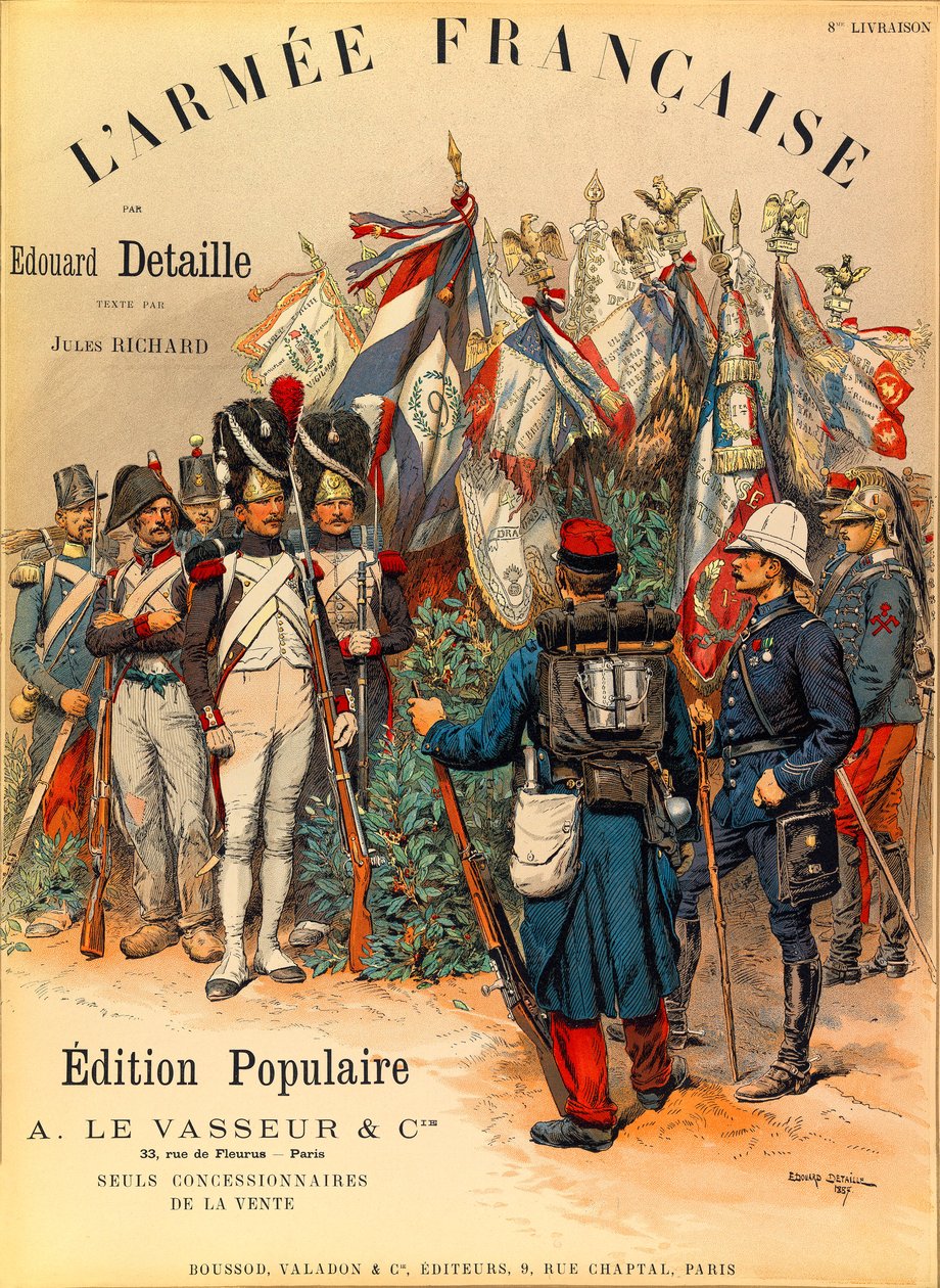 Tipos e uniformes da Armee francesa pelo Capitão Jules Richard, ilustrado por Edouard Detaille (1848-1912): Primeira capa do livro "L