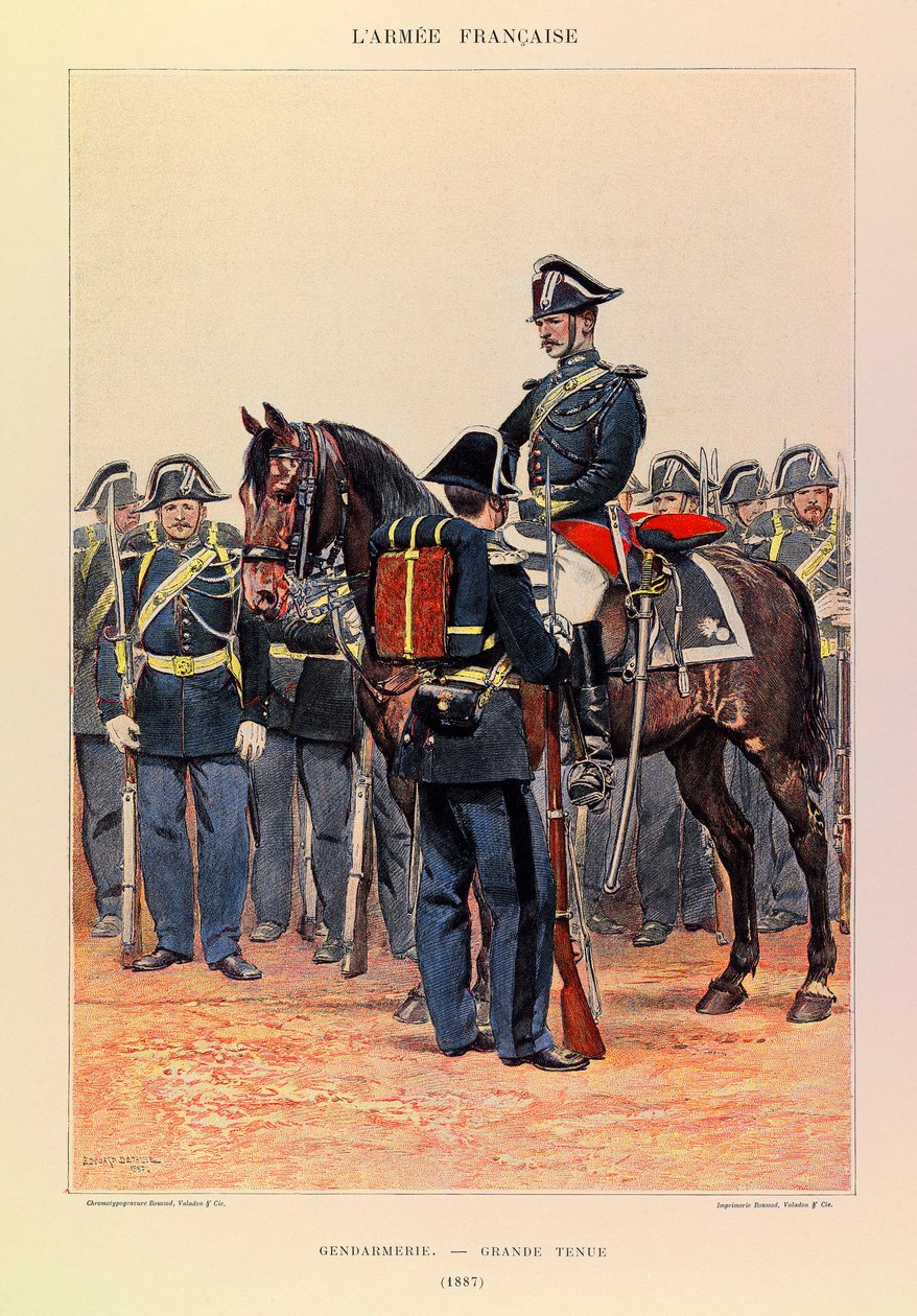 Tipos e uniformes da Armadura Francesa do Capitão Jules Richard, ilustrados por Edouard Detaille (1848-1912): Gendarmerie en grande attire en 1887, Coleção Partiale de Jean Baptiste Edouard Detaille