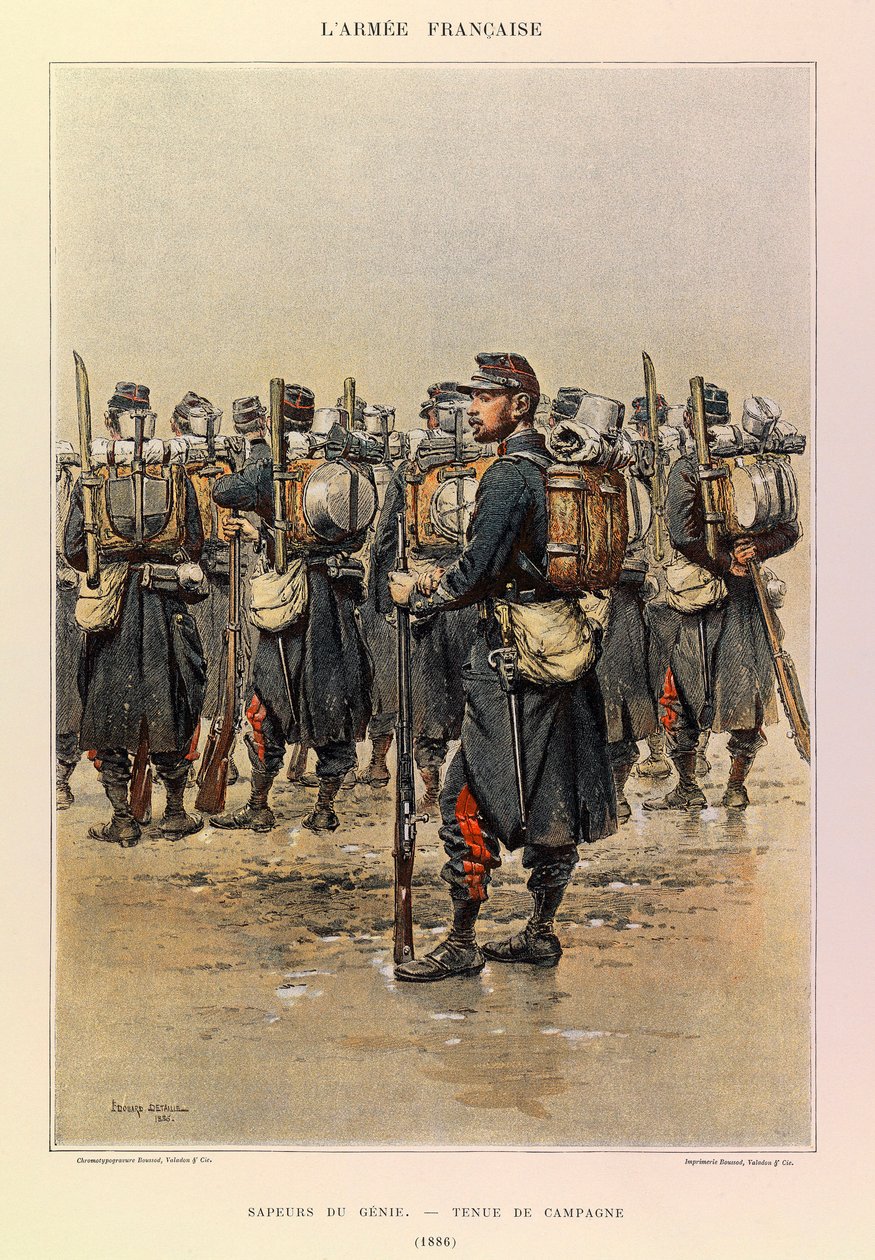 Tipos e uniformes da Armadura Francesa do Capitão Jules Richard, ilustrados por Edouard Detaille (1848-1912): Sapper of the Genie in Country Dress em 1886, Coleção Particular de Jean Baptiste Edouard Detaille