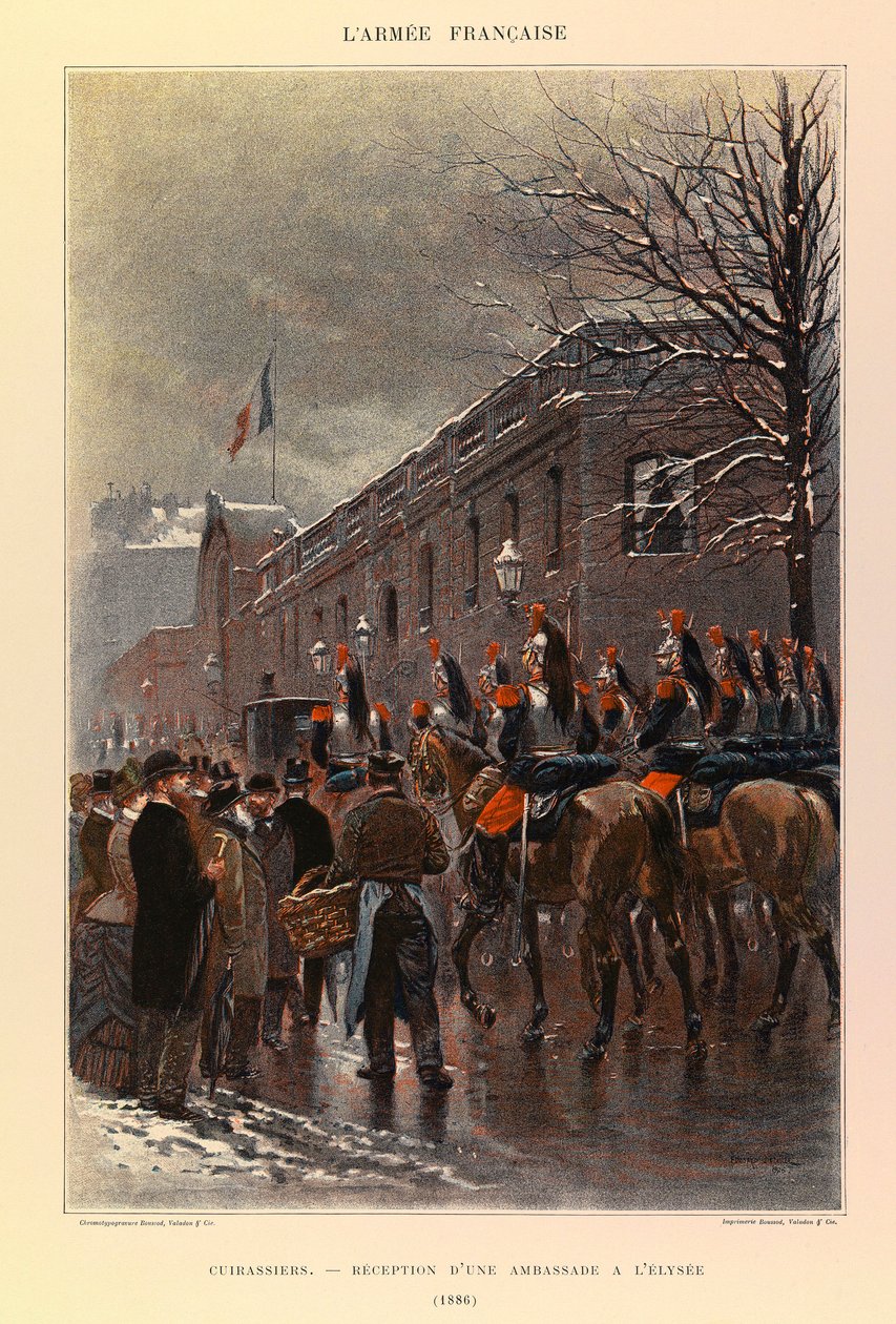 Tipos e uniformes da Armadura Francesa do Capitão Jules Richard, ilustrados por Edouard Detaille (1848-1912): Cuirassiers: Recepção de uma Embaixada no Elysee em 1886, Colecção Privada de Jean Baptiste Edouard Detaille