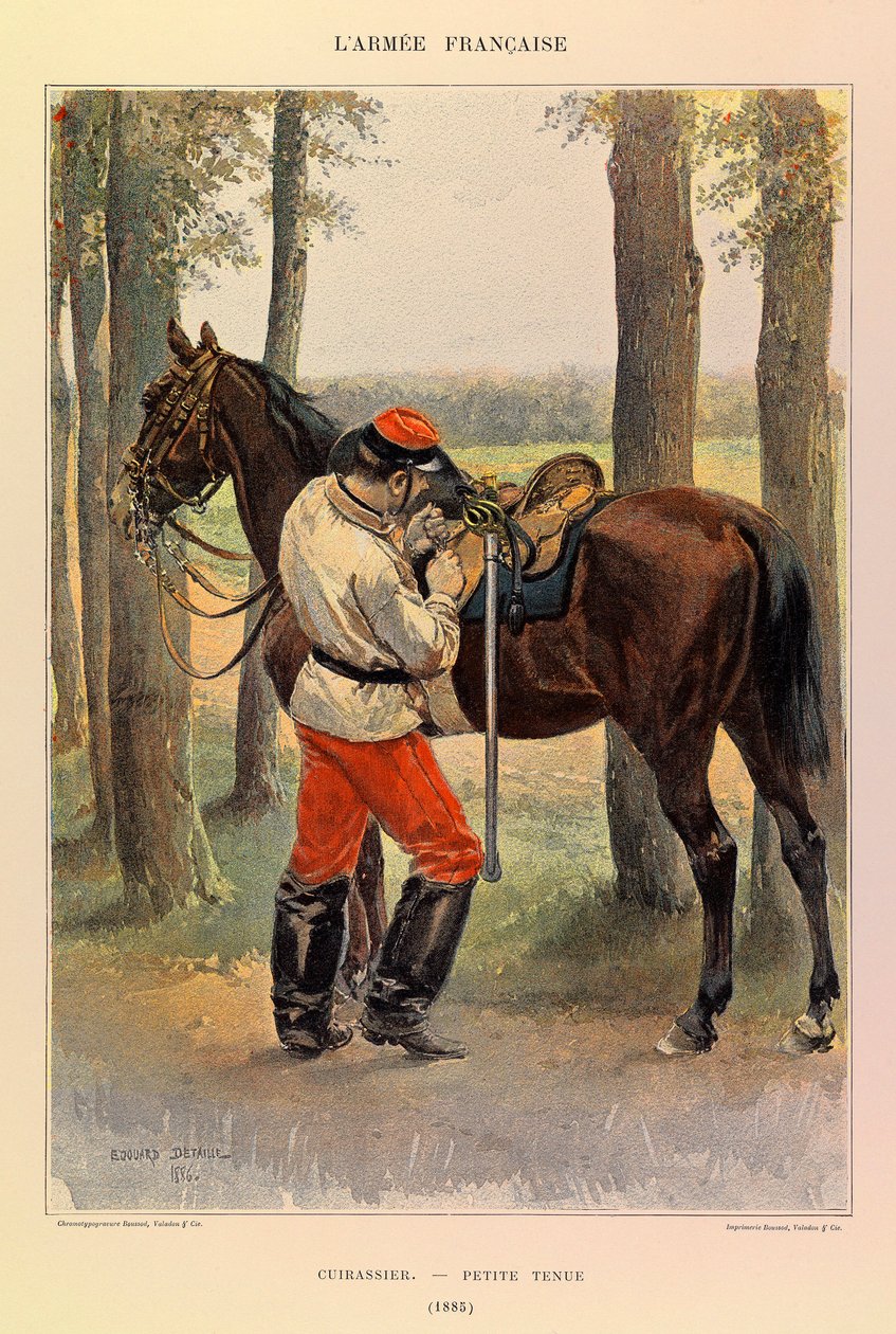 Tipos e uniformes da Armadura Francesa do Capitão Jules Richard, ilustrados por Edouard Detaille (1848-1912): Cuirassier em vestido pequeno em 1885, Colecção privada de Jean Baptiste Edouard Detaille