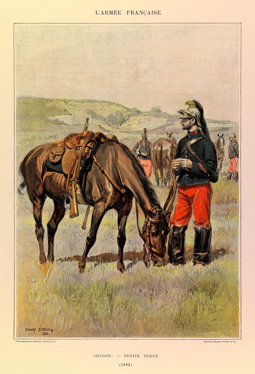 Tipos e uniformes da Armadura Francesa do Capitão Jules Richard, ilustrados por Edouard Detaille (1848-1912): Dragão em pequeno traje em 1885, Coleção particular de Jean Baptiste Edouard Detaille