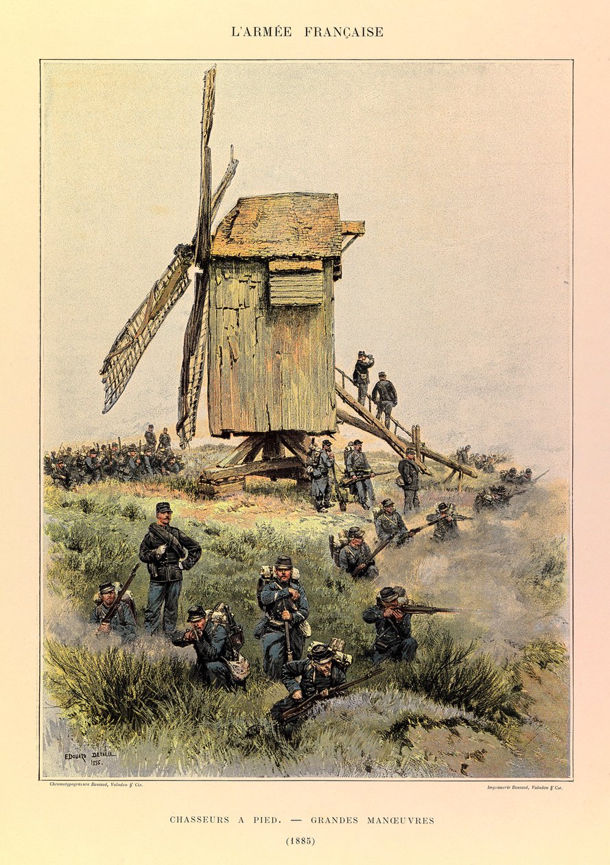 Tipos e uniformes da Armee francesa do Capitão Jules Richard, ilustrados por Edouard Detaille (1848-1912): Caçadores a pé; as grandes manobras em 1885, Coleção Particular de Jean Baptiste Edouard Detaille