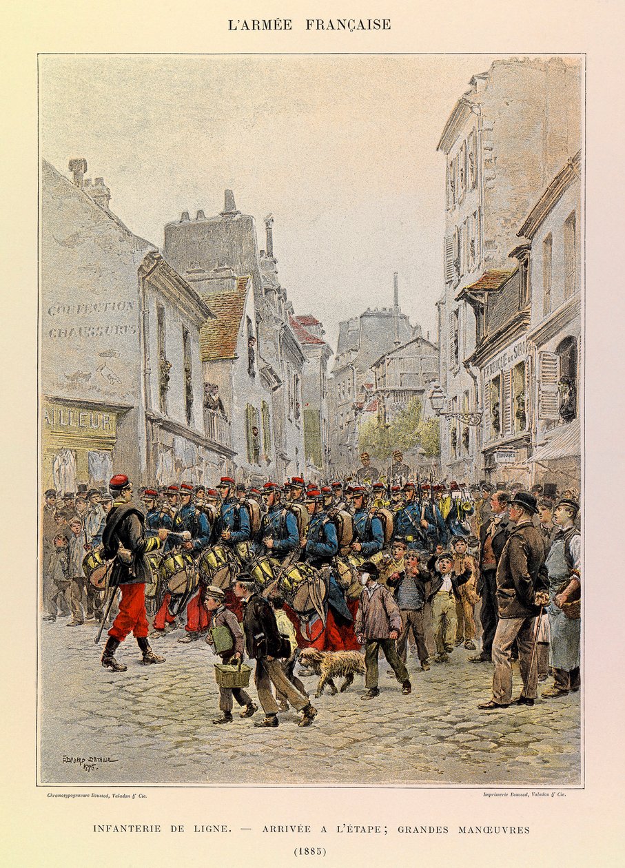 Tipos e uniformes da Armadura Francesa do Capitão Jules Richard, ilustrados por Edouard Detaille (1848-1912): Linha de infantaria: Chegada ao palco durante as manobras principais em 1885, Colecção privada de Jean Baptiste Edouard Detaille