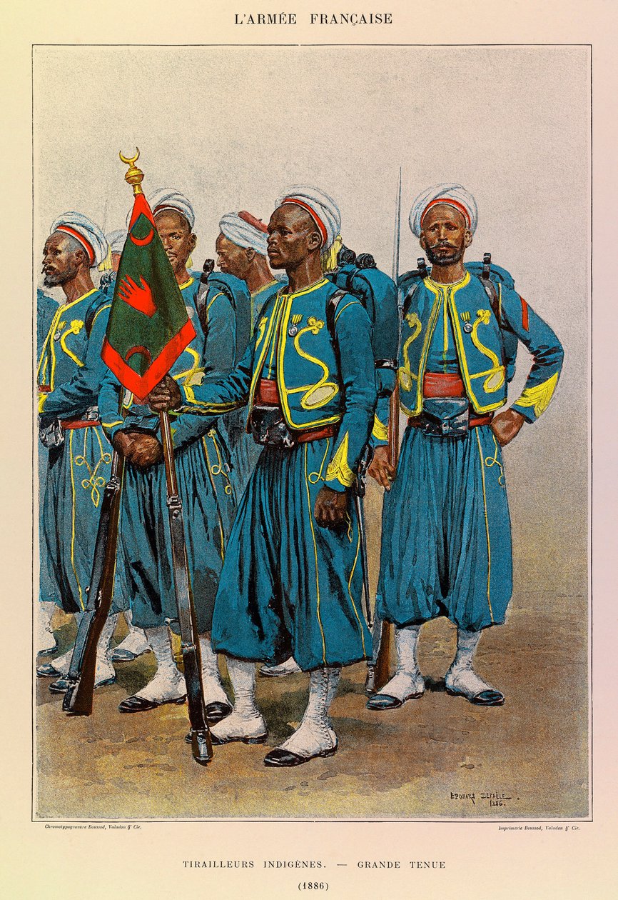 Tipos e uniformes da Armadura Francesa do Capitão Jules Richard, ilustrados por Edouard Detaille (1848-1912): Tirailleurs nativos em Grande Traje em 1886, Coleção Particular de Jean Baptiste Edouard Detaille