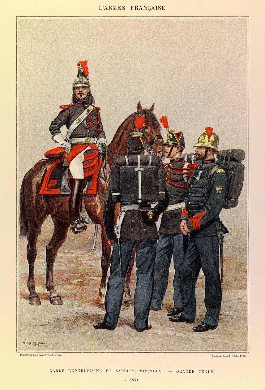 Tipos e uniformes da Armadura Francesa do Capitão Jules Richard, ilustrados por Edouard Detaille (1848-1912): Guarda Republicana e Bombeiros em Grande Traje em 1887, Coleção Privada de Jean Baptiste Edouard Detaille