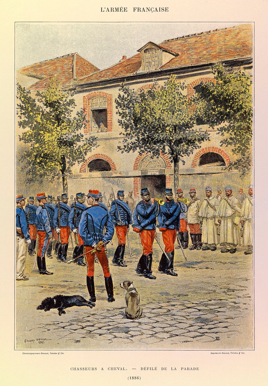 Tipos e uniformes da Armadura Francesa do Capitão Jules Richard, ilustrados por Edouard Detaille (1848-1912): Hunters a Horseback; Defile de la partiale en 1886, Collection Partiale de Jean Baptiste Edouard Detaille