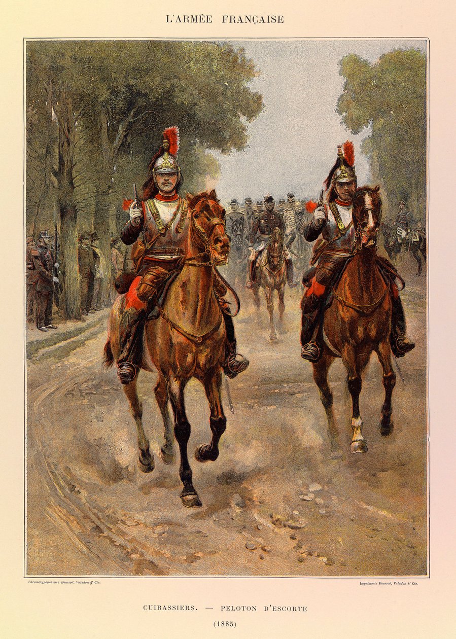 Tipos e uniformes da Armadura Francesa do Capitão Jules Richard, ilustrados por Edouard Detaille (1848-1912): Cuirassiers: Pelotão de escolta em 1885, Colecção privada de Jean Baptiste Edouard Detaille